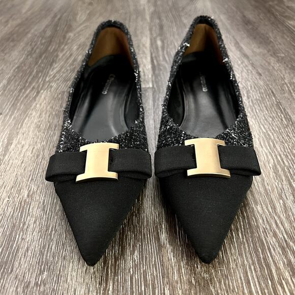 C. Paravano Aida Tweed Pointed Toe Flats Black Gold Metal Bow US 9 Workwear EUC - Picture 7 of 16